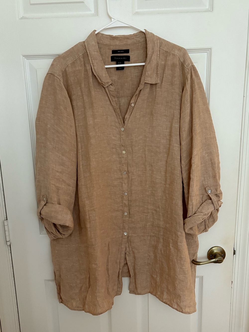 Tahari Lightweight Button-Front Linen Shirt Jacket - Beige